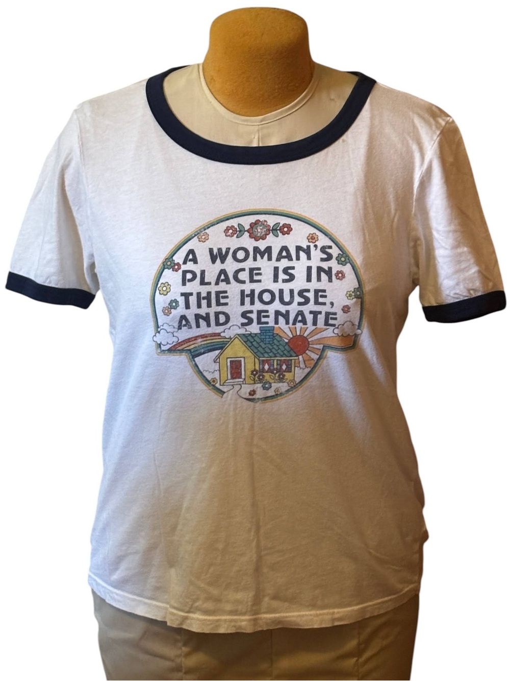 A woman’s place Modcloth White Tee with Navy Neckline L house senate ringer